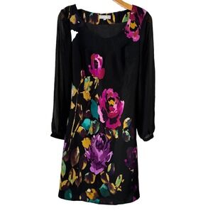 per una Dress Black Cascading Dark Floral 8 Sheer Lined L/S Tie Back Witchy